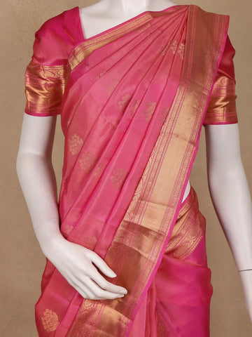 Pink Floral Woven Pure Kanchipuram Silk Saree With Zari Border - Diadem