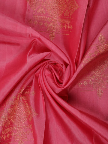 Pink Geometric Woven Pure Kanchipuram Silk Saree With Contrast Green Blouse - Diadem