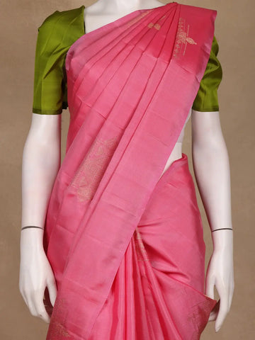 Pink Geometric Woven Pure Kanchipuram Silk Saree With Contrast Green Blouse - Diadem