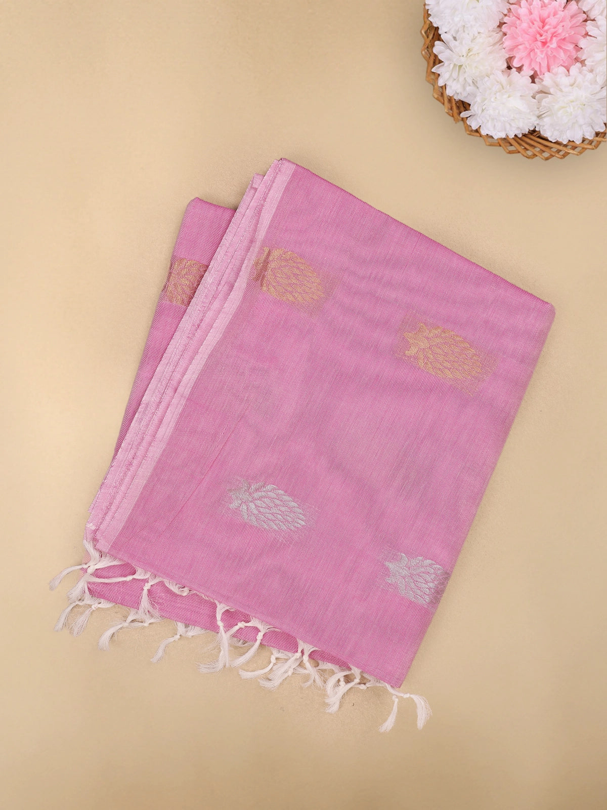 Pink Leaf Butta Woven Design Cotton Saree