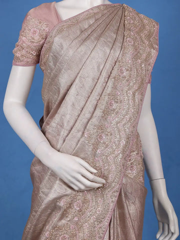 Onion Pink Leaf Woven Design Banarasi Silk Saree - Diadem
