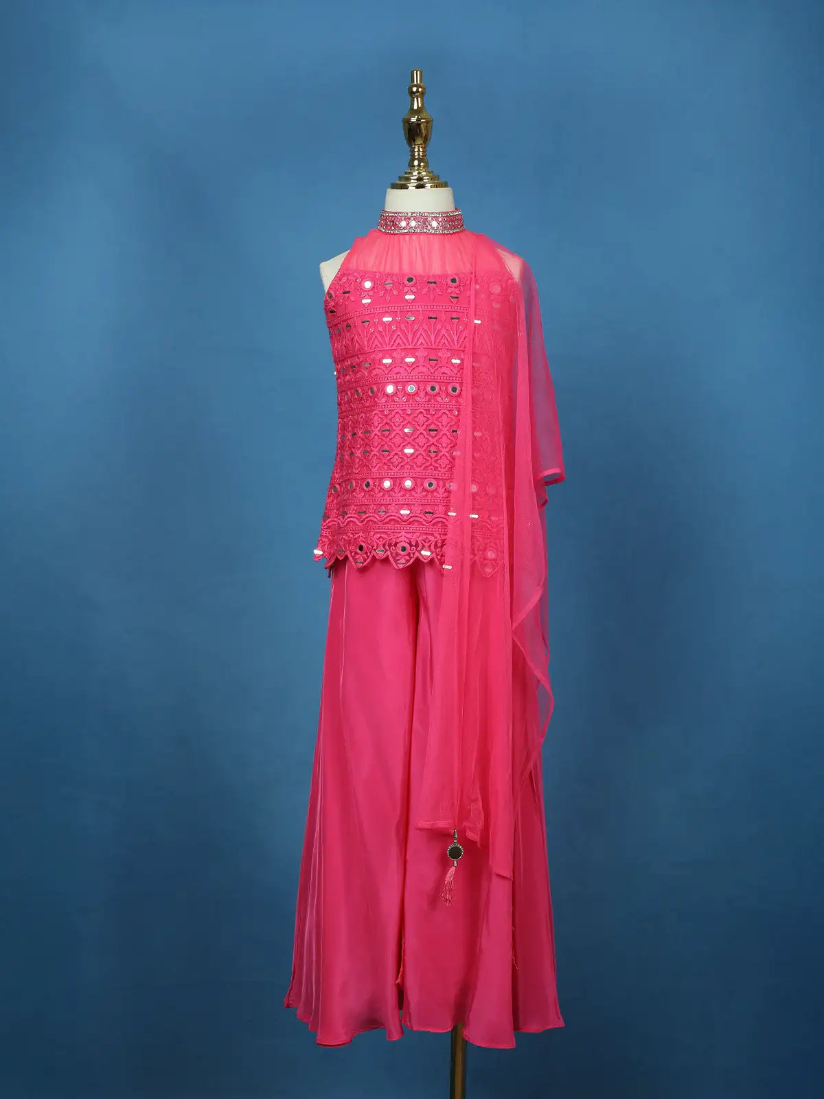 Pink Mirror Work Georgette Kids Palazzo Suit with Dupatta - Diadem