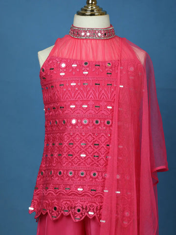 Pink Mirror Work Georgette Kids Palazzo Suit with Dupatta - Diadem