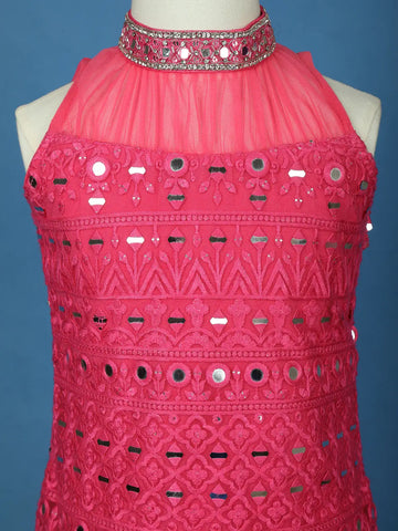 Pink Mirror Work Georgette Kids Palazzo Suit with Dupatta - Diadem