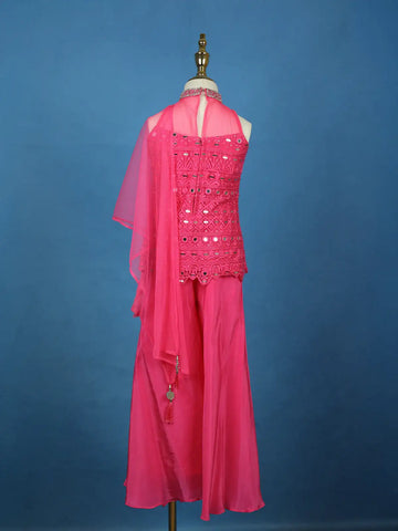 Pink Mirror Work Georgette Kids Palazzo Suit with Dupatta - Diadem
