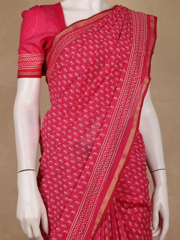 Pink Paisley Design Cotton Saree With Zari Border - Diadem