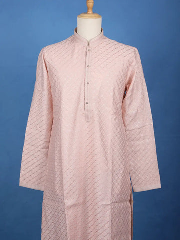 Pink Sequin Embroidered Cotton Kurta For Men - Diadem