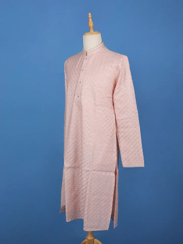 Pink Sequin Embroidered Cotton Kurta For Men - Diadem