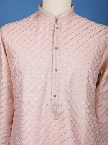 Pink Sequin Embroidered Cotton Kurta For Men - Diadem
