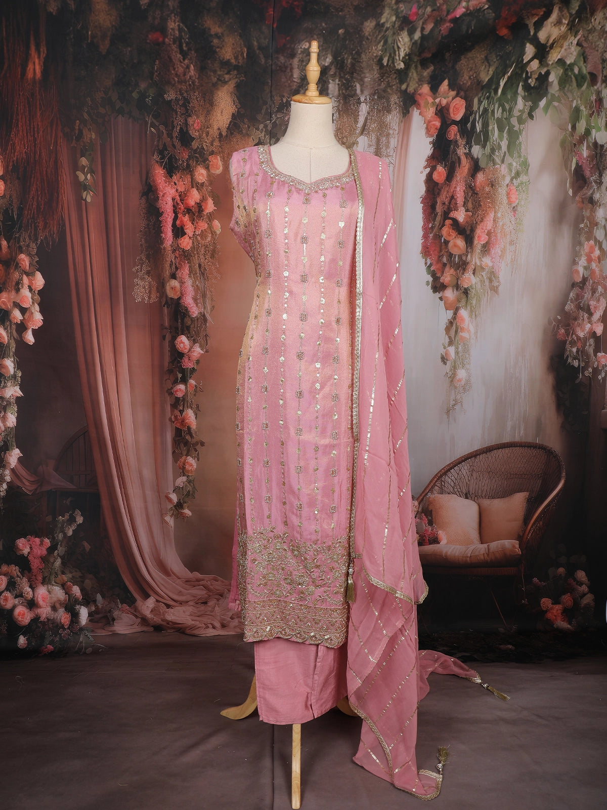 Pink Sequins Embroidered Tissue Silk Suit with Dupatta