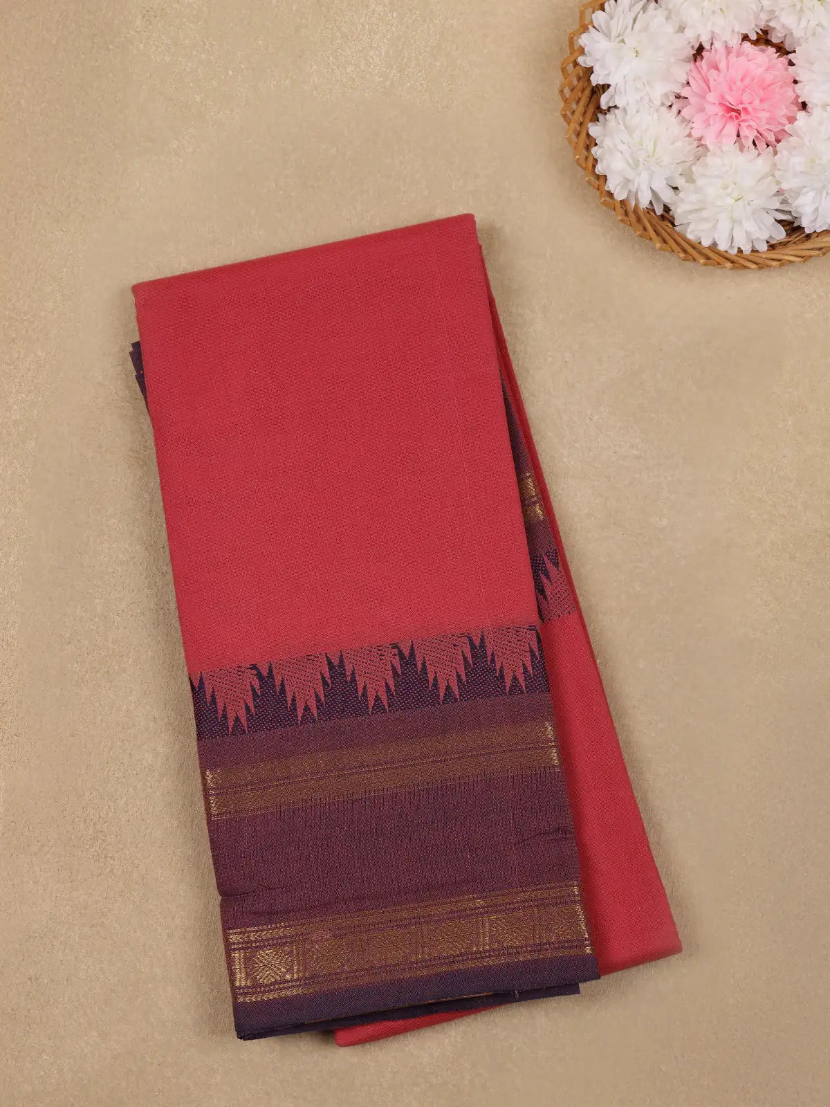 Pink Solid Design Cotton Saree With Zari Border - Diadem