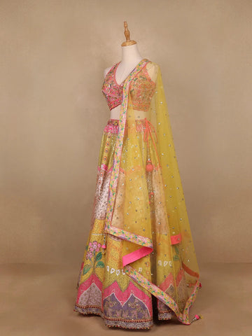Pink And Yellow Floral Embroidery Semi Silk Bridesmaid Lehenga - Diadem