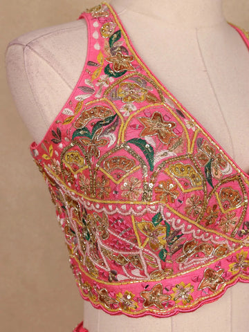 Pink And Yellow Floral Embroidery Semi Silk Bridesmaid Lehenga - Diadem