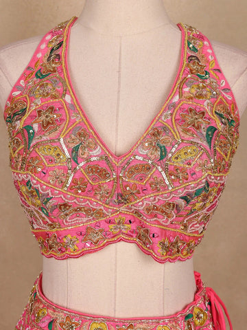Pink And Yellow Floral Embroidery Semi Silk Bridesmaid Lehenga - Diadem
