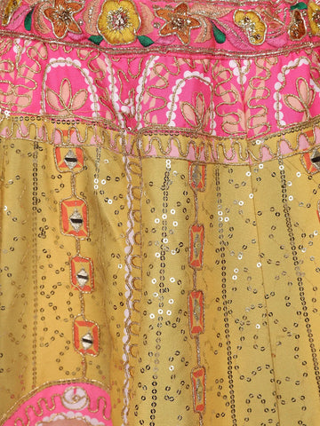 Pink And Yellow Floral Embroidery Semi Silk Bridesmaid Lehenga - Diadem