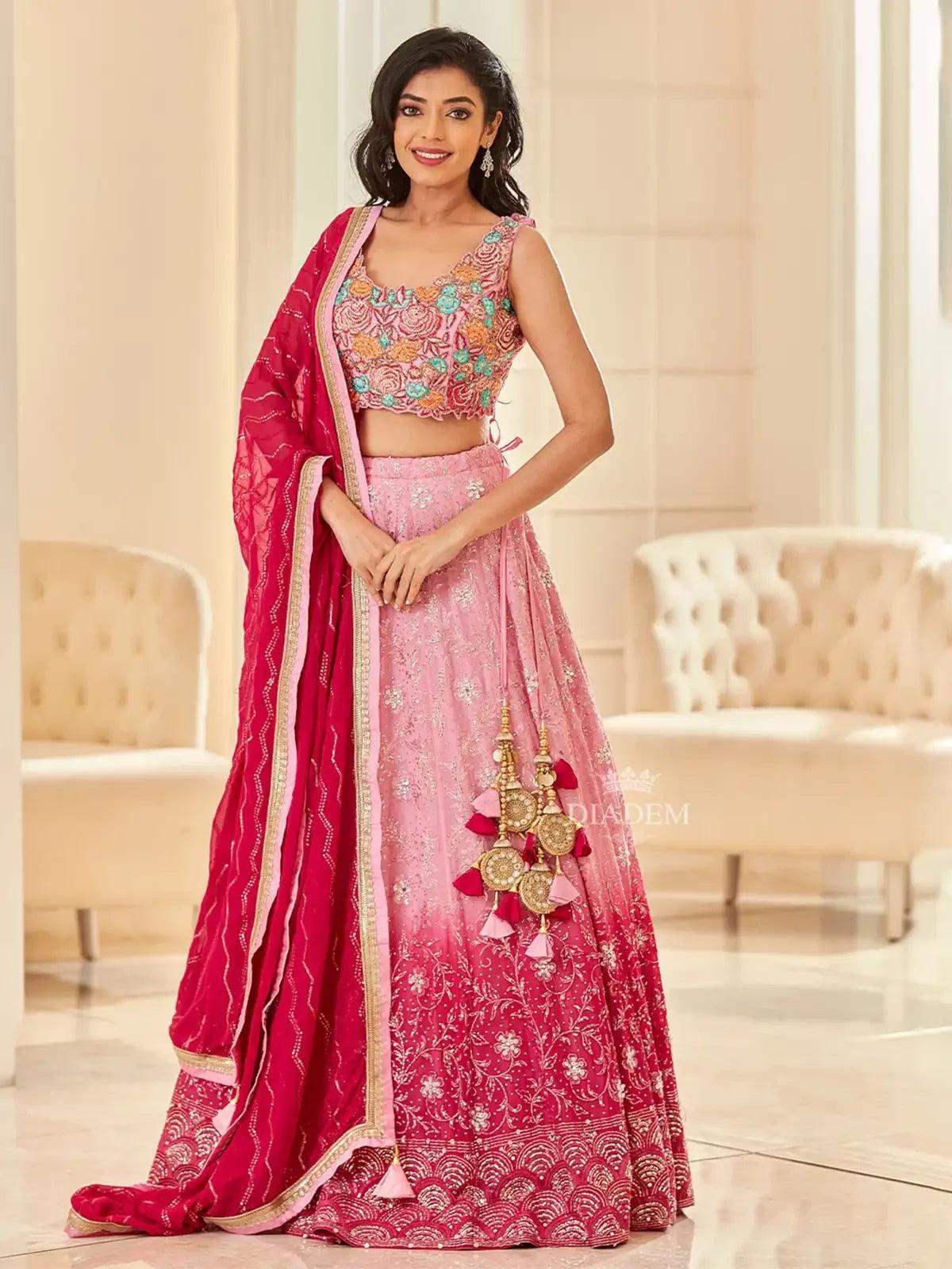 Pink Bridal Lehenga with Flower Resham Embroidery - Diadem