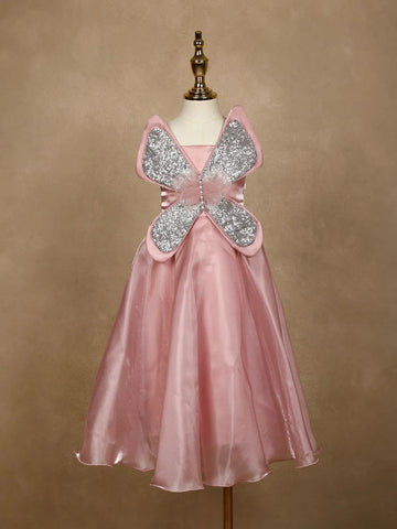Pink Butterfly Designed Party Gown for Girls - Diadem