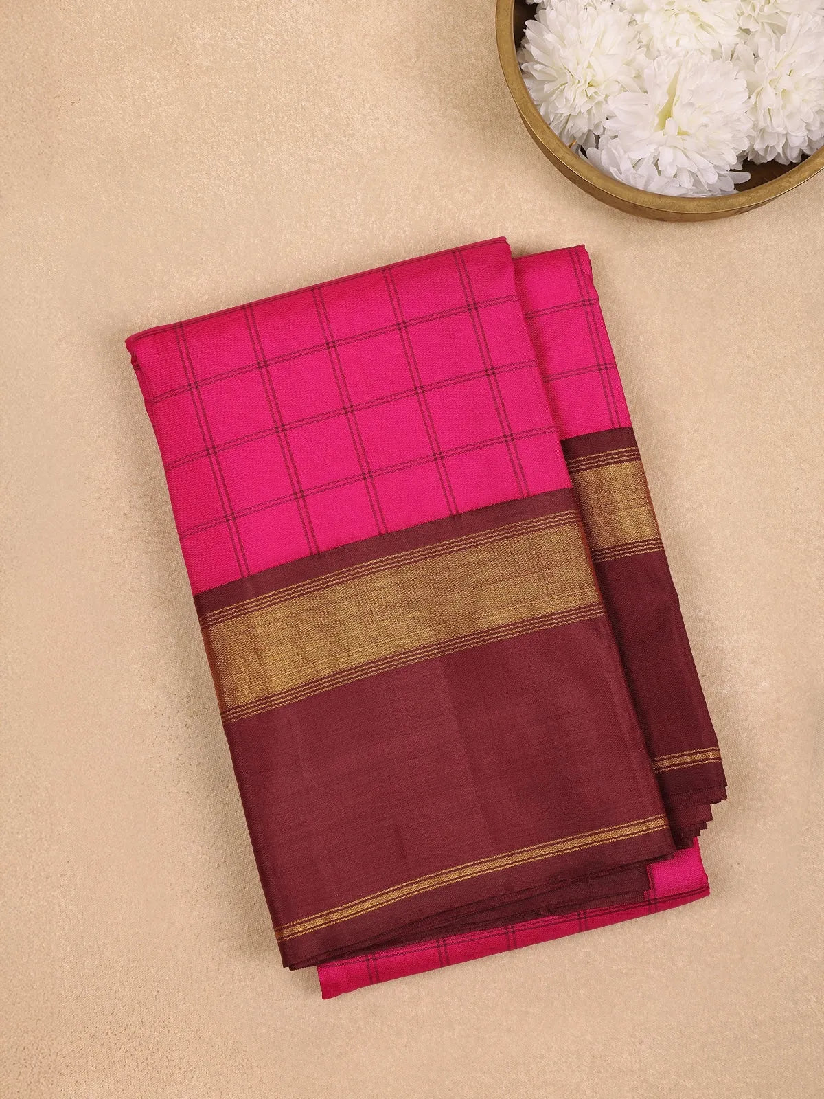 Pink Checkered Woven Pure Kanchipuram Silk Saree - Diadem