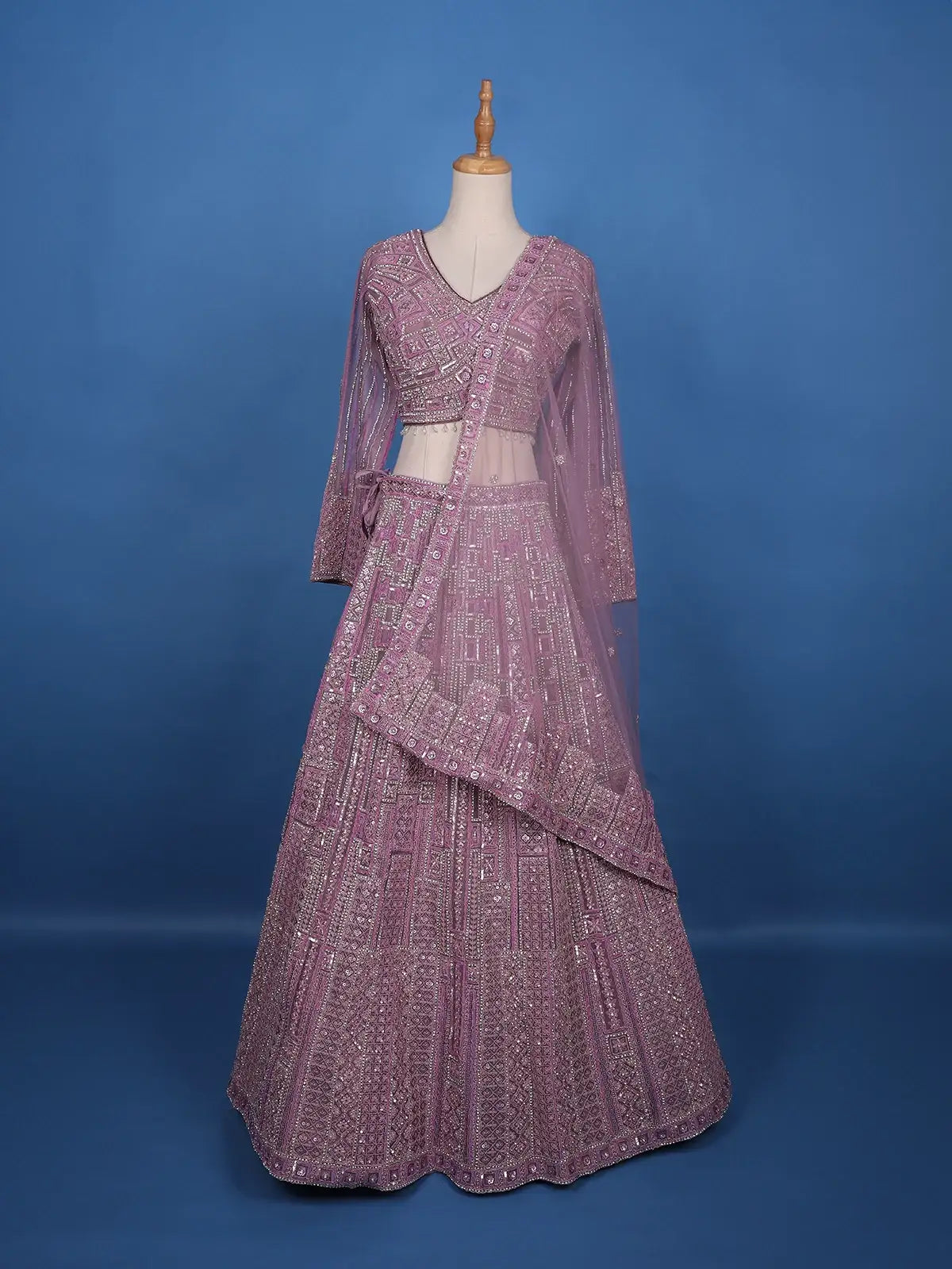 Pink Embroidery Bridal Net Lehenga - Diadem
