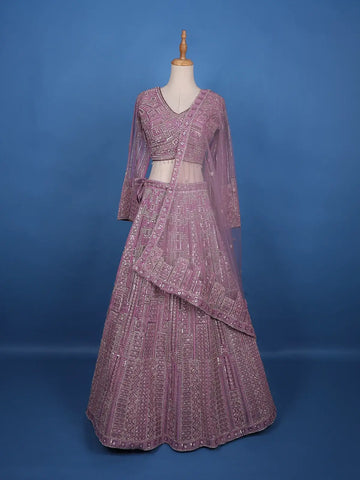 Pink Embroidery Bridal Net Lehenga - Diadem