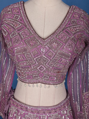Pink Embroidery Bridal Net Lehenga - Diadem