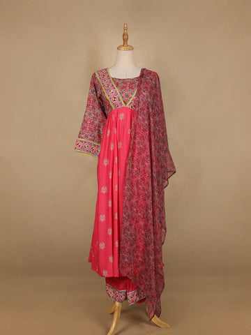Pink Floral And Paisley Prints Cotton Straight Cut Salwar Suit - Diadem