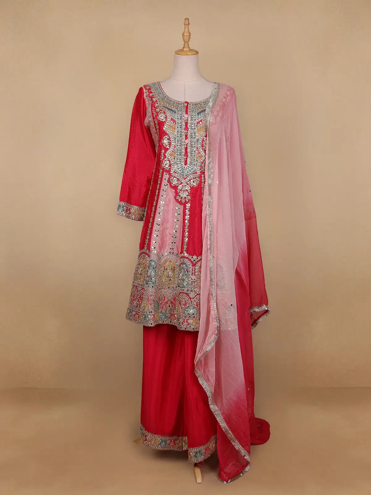 Pink Floral Designed Chiffon Sharara Salwar Suit - Diadem