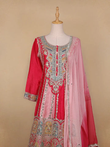 Pink Floral Designed Chiffon Sharara Salwar Suit - Diadem