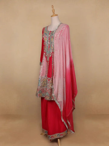 Pink Floral Designed Chiffon Sharara Salwar Suit - Diadem