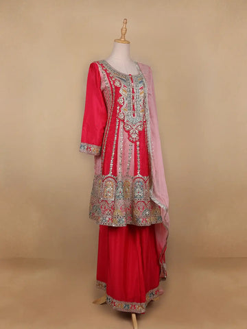 Pink Floral Designed Chiffon Sharara Salwar Suit - Diadem