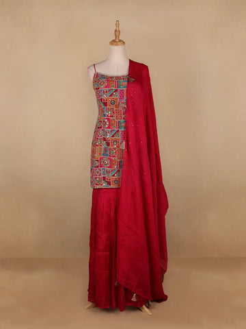 Pink Floral Designed Georgette Sharara Salwar Suit - Diadem