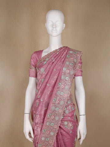 Pink Floral Designed Organza Designer Saree - Diadem