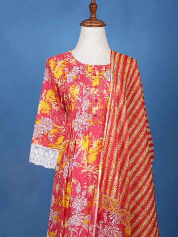 Pink Floral Design Printed Cotton Salwar Suit - Diadem