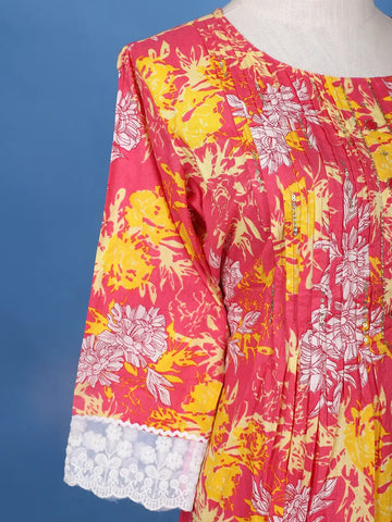 Pink Floral Design Printed Cotton Salwar Suit - Diadem