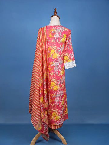 Pink Floral Design Printed Cotton Salwar Suit - Diadem