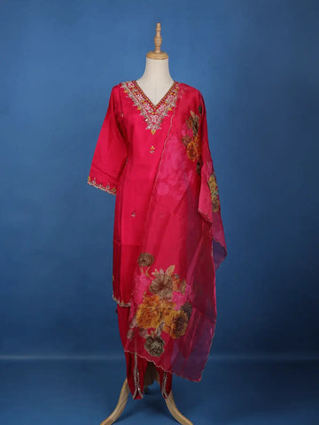 Pink Floral Designed Raw Silk Salwar Suit - Diadem