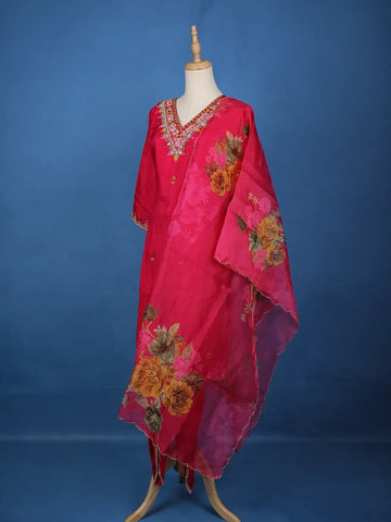 Pink Floral Designed Raw Silk Salwar Suit - Diadem