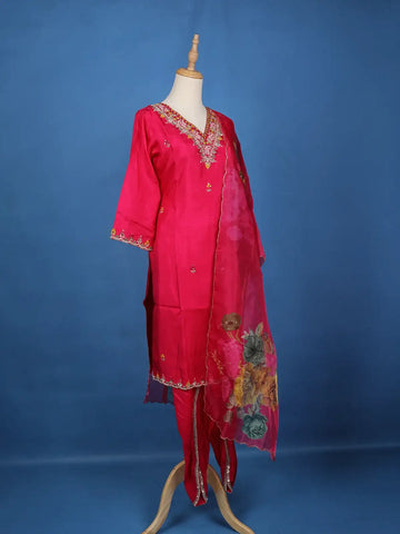 Pink Floral Designed Raw Silk Salwar Suit - Diadem