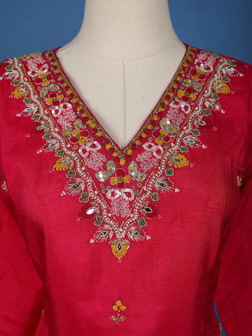 Pink Floral Designed Raw Silk Salwar Suit - Diadem