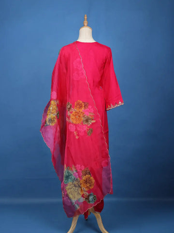Pink Floral Designed Raw Silk Salwar Suit - Diadem