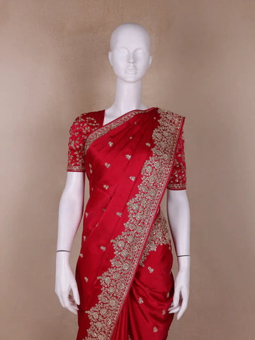 Pink Floral Designed Satin Saree - Diadem