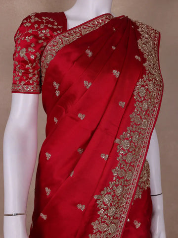 Pink Floral Designed Satin Saree - Diadem