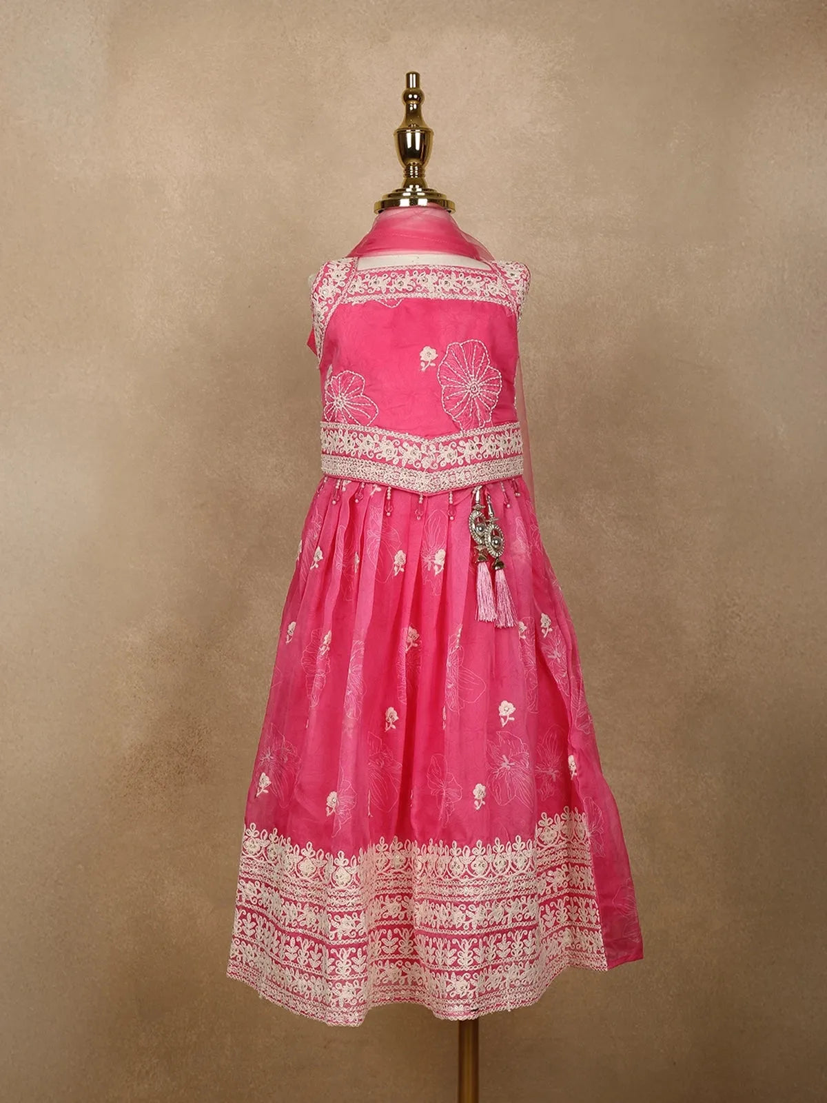 Pink Floral Designed Semi Silk Lehenga - Diadem
