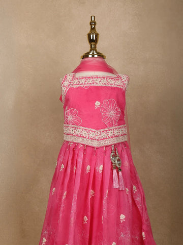 Pink Floral Designed Semi Silk Lehenga - Diadem