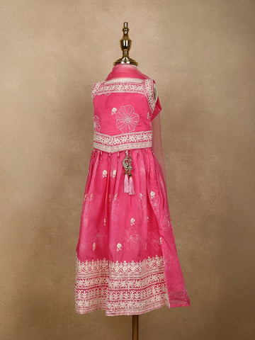 Pink Floral Designed Semi Silk Lehenga - Diadem