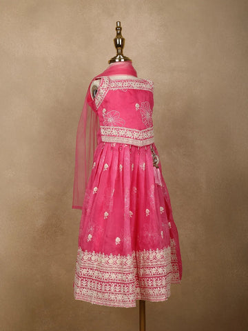 Pink Floral Designed Semi Silk Lehenga - Diadem