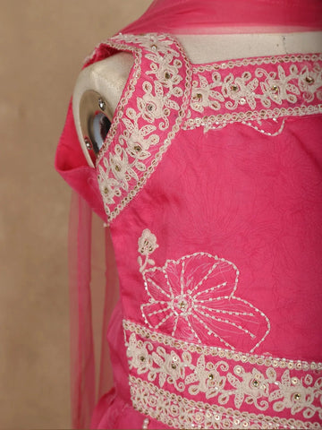 Pink Floral Designed Semi Silk Lehenga - Diadem