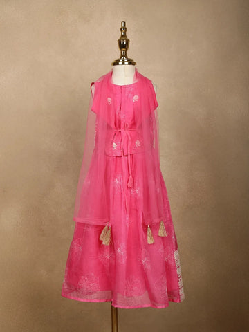 Pink Floral Designed Semi Silk Lehenga - Diadem