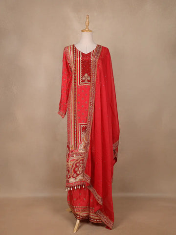 Pink Floral Designed Semi Silk Palazzo Salwar Suit - Diadem