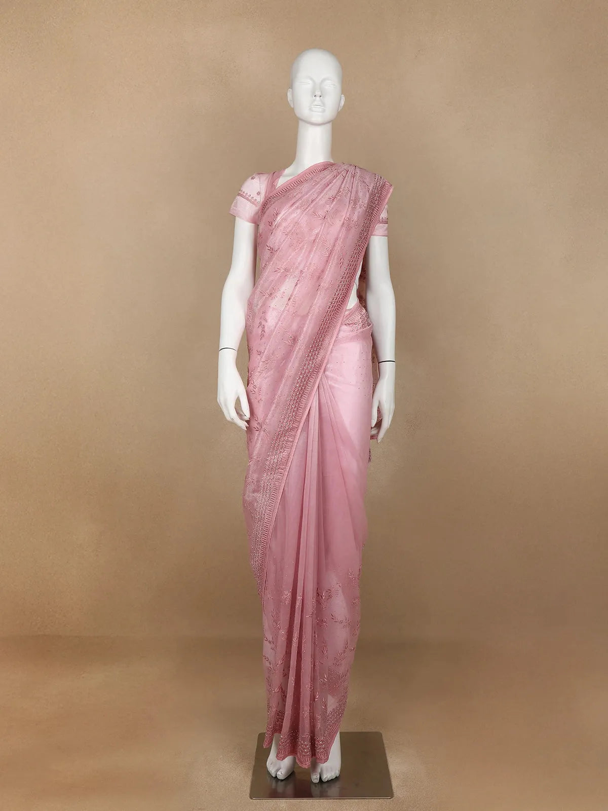 Pink Floral Designed Tissue Organza Saree - Diadem
